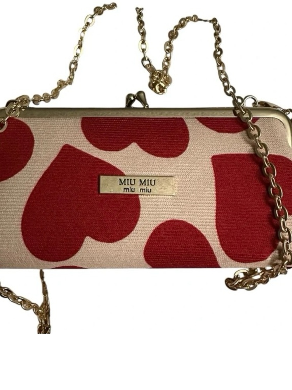 Miu Miu Red and Cream Heart Print Chain Clutch